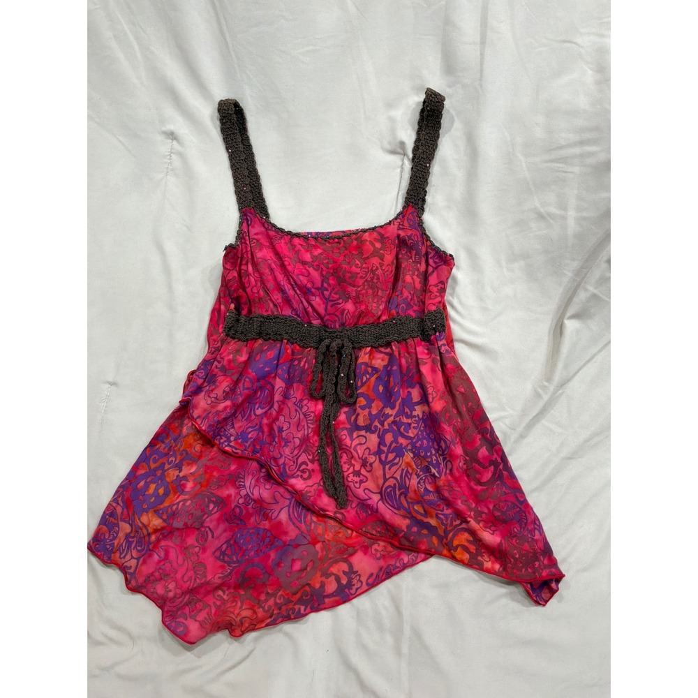 Boho Pink Purple Batik Print Crochet Trim Handkerchief Hem Camisole Top Small